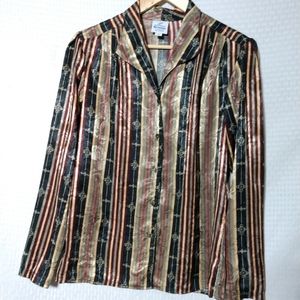 Vintage Career Blouse Vertical Stripe Multicolor Shiny Size Small Chest 36"